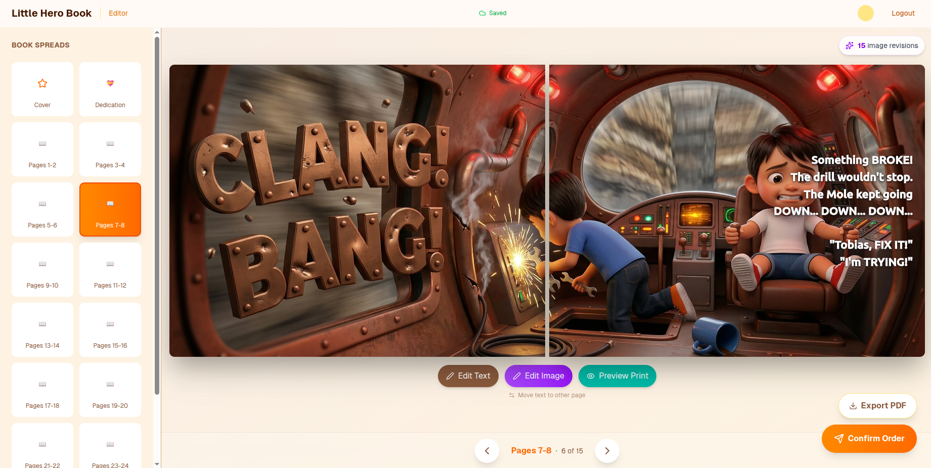 Book editor interface showing spread editing