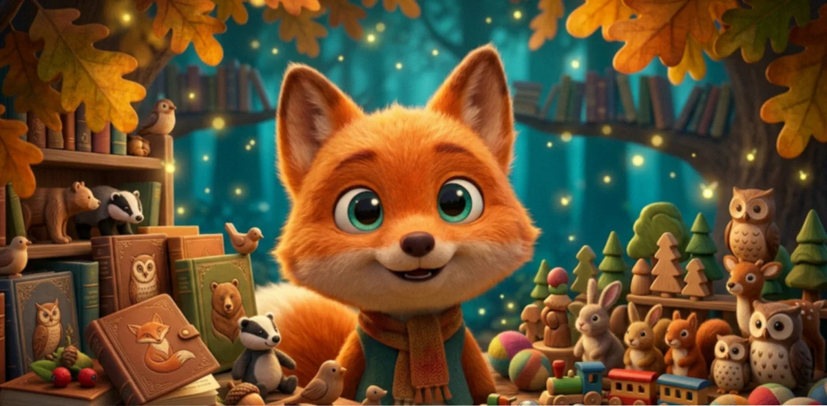 A fox in a scarf surrounded by children's storybooks and wooden animal toys in a lamplit forest library