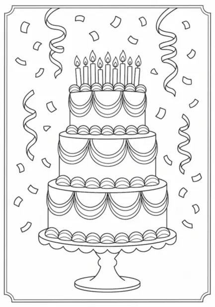 Birthday coloring page: a three-tier birthday cake with piped icing and lit candles, surrounded by falling confetti and streamers