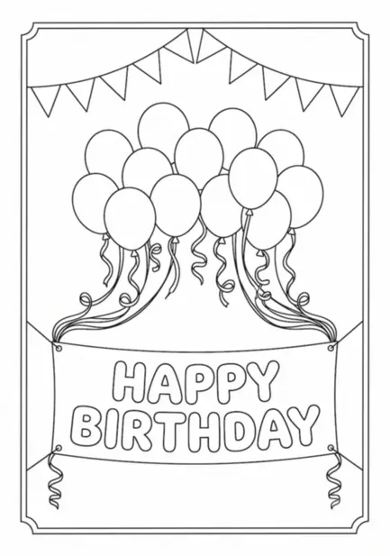 Birthday coloring page: a cluster of balloons lifting a Happy Birthday banner, with trailing ribbons and bunting above
