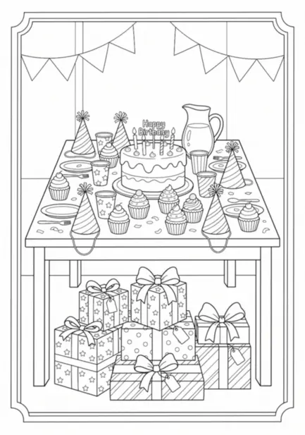 Birthday coloring page: a party table laid with a cake, cupcakes, paper cups and party hats, with wrapped presents stacked underneath