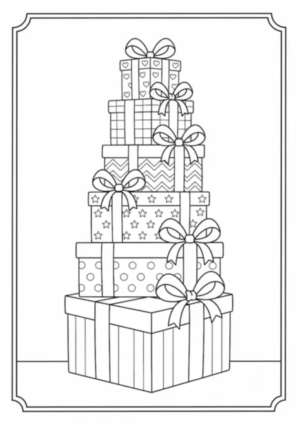 Birthday coloring page: a tall stack of wrapped presents in striped, spotted and starred paper, each tied with a ribbon bow