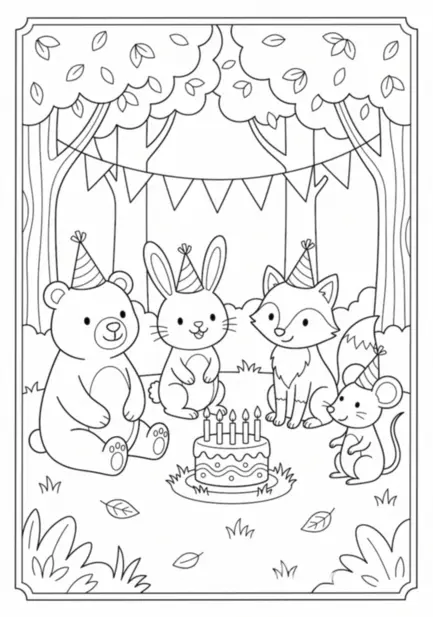 Birthday coloring page: a bear, rabbit, fox and mouse wearing party hats around a birthday cake in a wood, with bunting strung between the trees