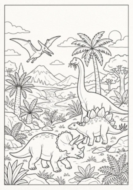 Dinosaur coloring page: a long-necked brachiosaurus, a stegosaurus and a triceratops in a valley of palm trees and ferns, with a pterodactyl flying above distant volcanoes
