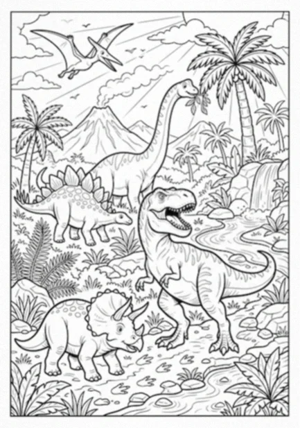 Dinosaur coloring page: a roaring T-Rex walking through a jungle with a stegosaurus, triceratops and brachiosaurus nearby, a waterfall, a volcano and a pterodactyl overhead