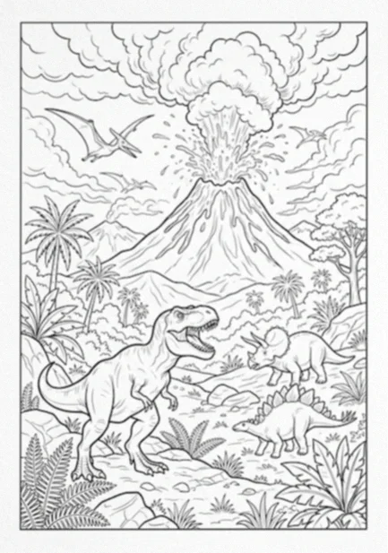 Dinosaur coloring page: an erupting volcano with billowing smoke above a T-Rex, a triceratops and a stegosaurus in a prehistoric landscape with flying pterosaurs