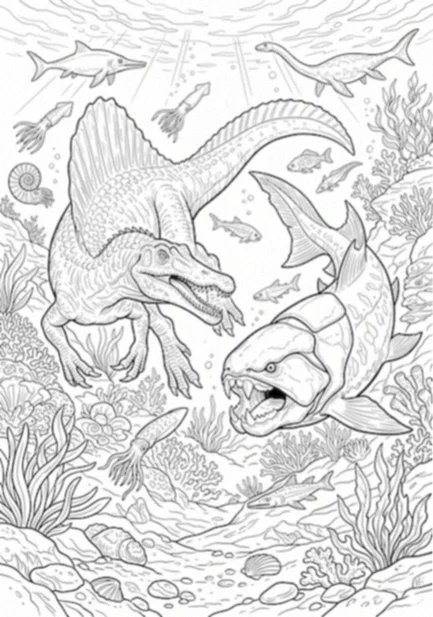 Dinosaur coloring page: an underwater prehistoric sea scene with a sail-backed spinosaurus, a large armoured fish with bony jaws, ichthyosaurs, squid, ammonites and coral
