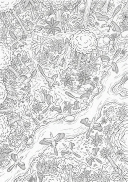 Dinosaur coloring page: a detailed overhead view of a prehistoric jungle with a winding river, dense ferns and treetops, and feathered dinosaurs gliding between them
