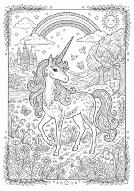 Unicorn coloring page: a unicorn with a flowing patterned mane standing in a meadow of daisies with a rainbow, a fairytale castle and butterflies in the background