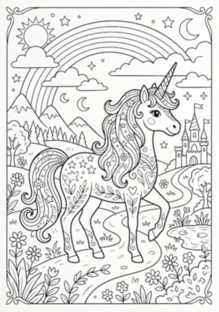 Unicorn coloring page: a star-patterned unicorn walking a winding path beneath a large rainbow, with a castle, mountains, sun and crescent moon