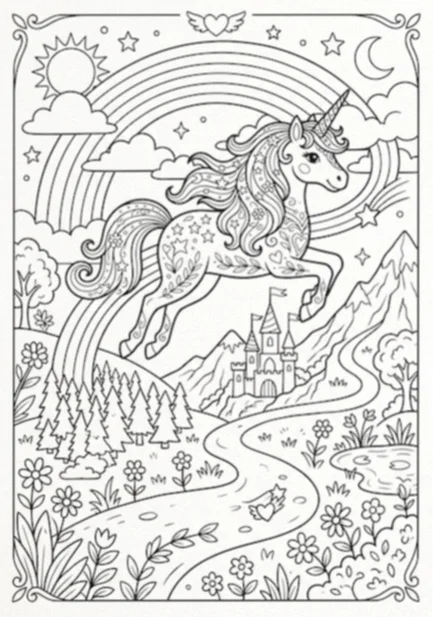 Unicorn coloring page: a unicorn leaping mid-air with a flowing mane above pine trees, a winding river and a castle, with a rainbow behind