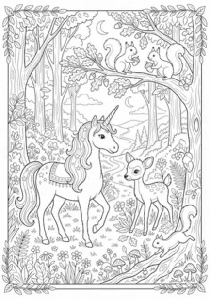 Unicorn coloring page: a unicorn standing nose to nose with a baby deer in a forest clearing, with two squirrels in the oak branches above and mushrooms in the grass