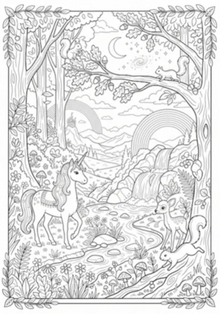 Unicorn coloring page: a unicorn beside a forest stream with a waterfall, a fawn drinking, squirrels on a mossy tree and a rainbow over distant hills