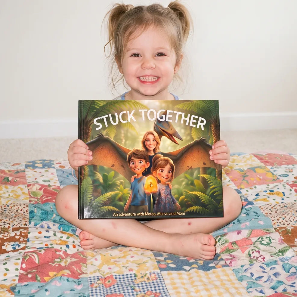 A little girl proudly holding her personalized storybook, illustrated from her family's photos