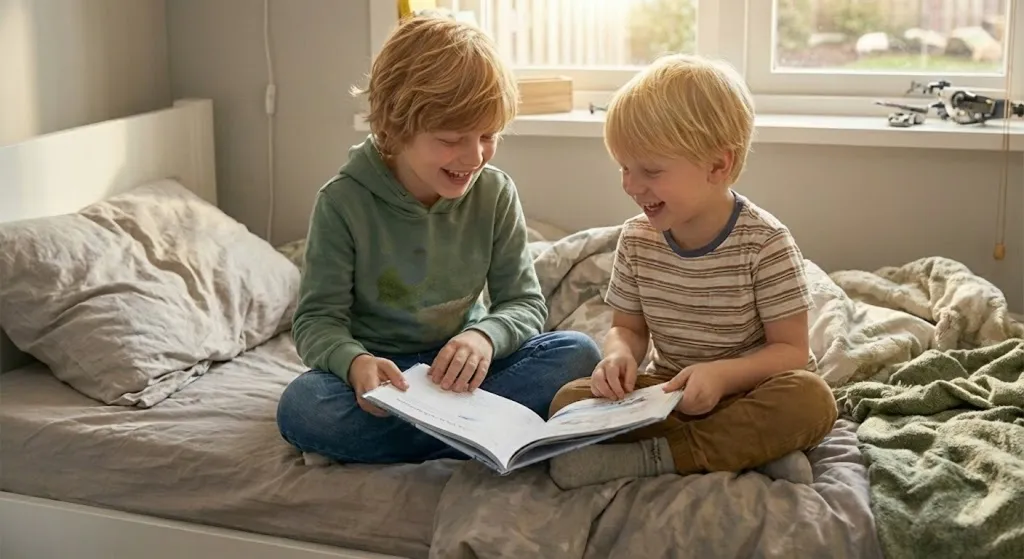 Siblings reading a personalized birthday book together with a dedication message