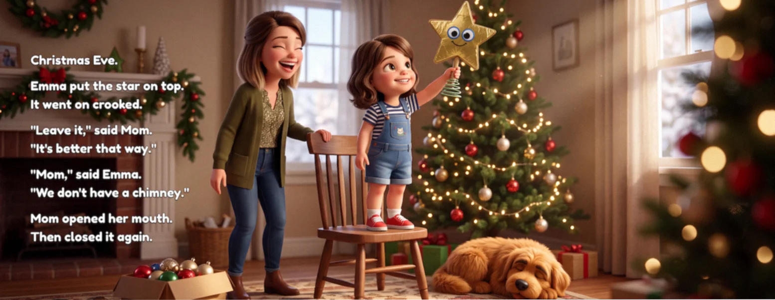 Book spread: a girl stands on a chair to put a crooked gold star on top of the Christmas tree while her mom steadies her