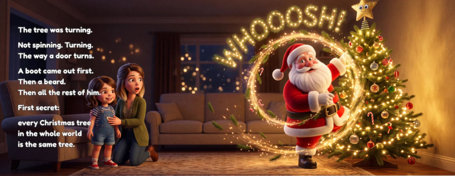 Book spread: Santa steps out of a glowing ring of light in the Christmas tree as a girl and her mom watch, stunned