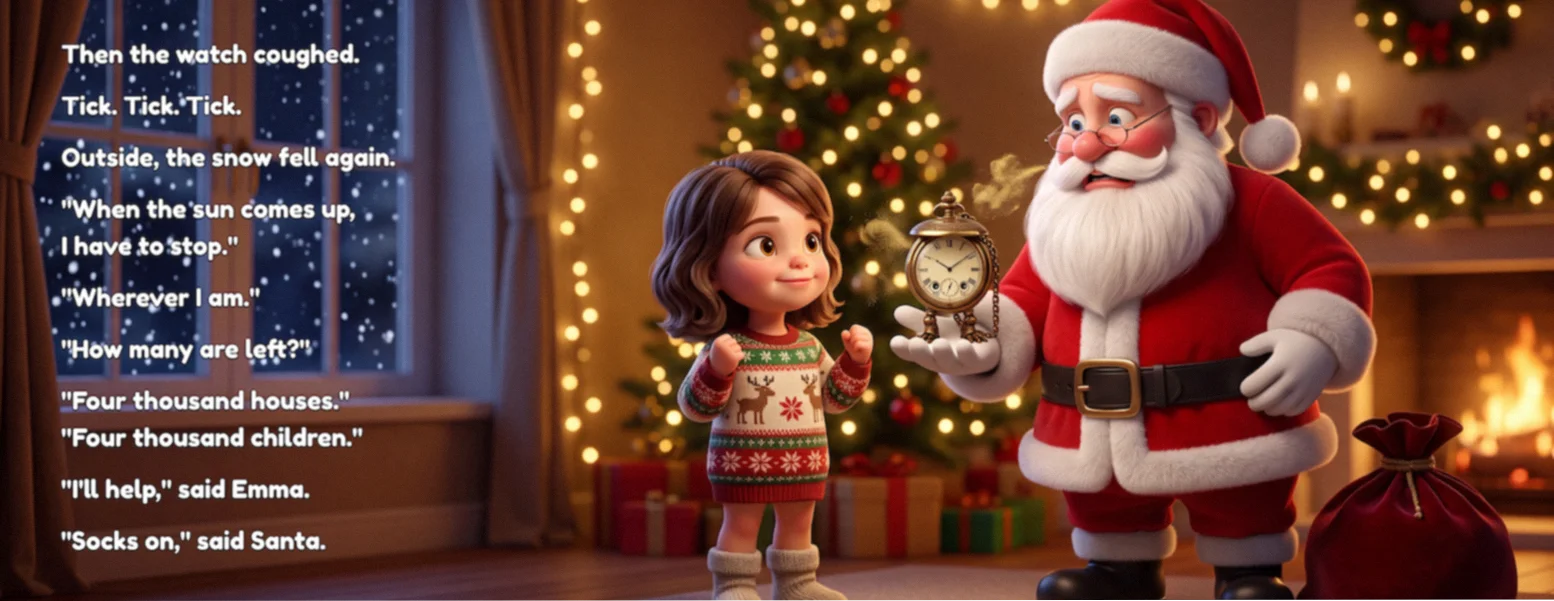 Book spread: Santa holds out his broken pocket watch to the girl beside the lit tree