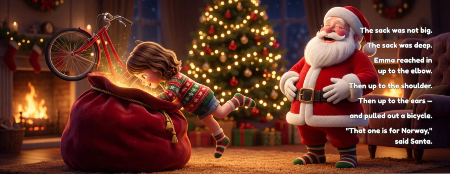 Book spread: the girl dives head-first into Santa's sack and pulls out a red bicycle while Santa laughs