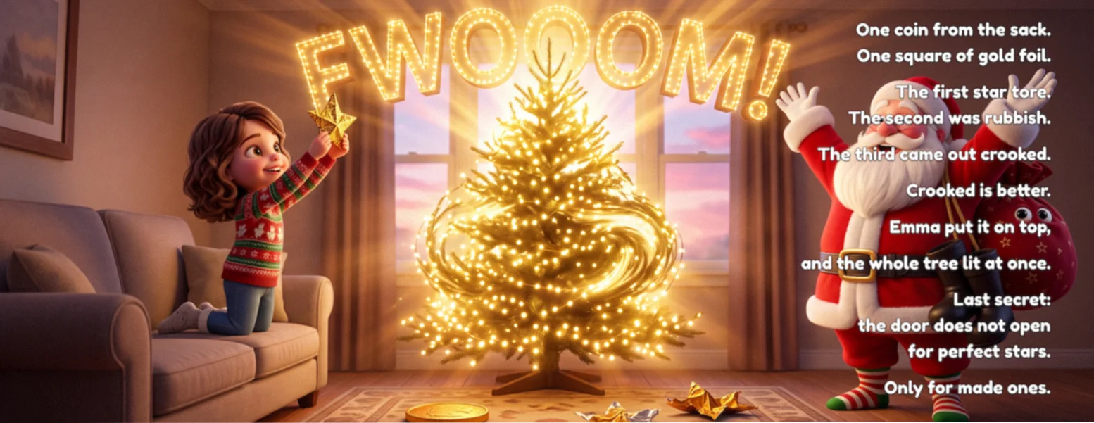 Book spread: the girl places a handmade gold foil star on the tree and the whole tree lights up at once