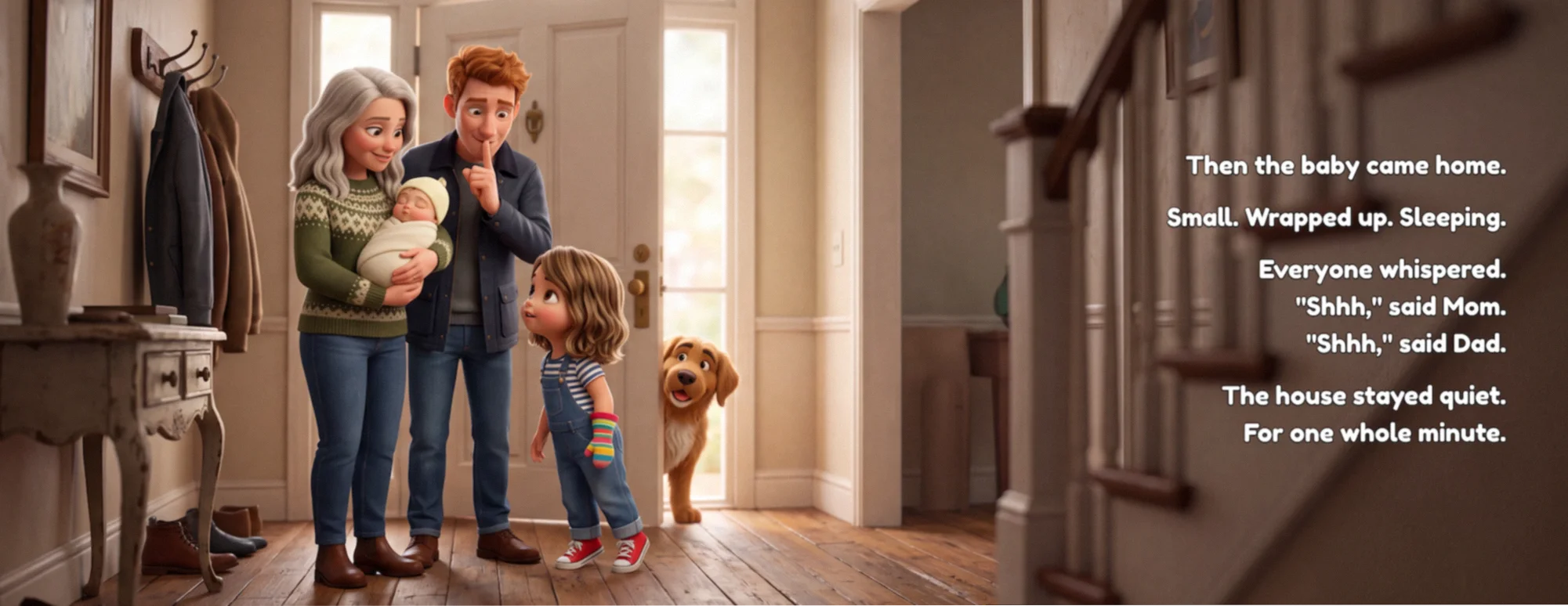 Book spread: Mom and Dad bring the new baby through the front door while the big sister looks up at them