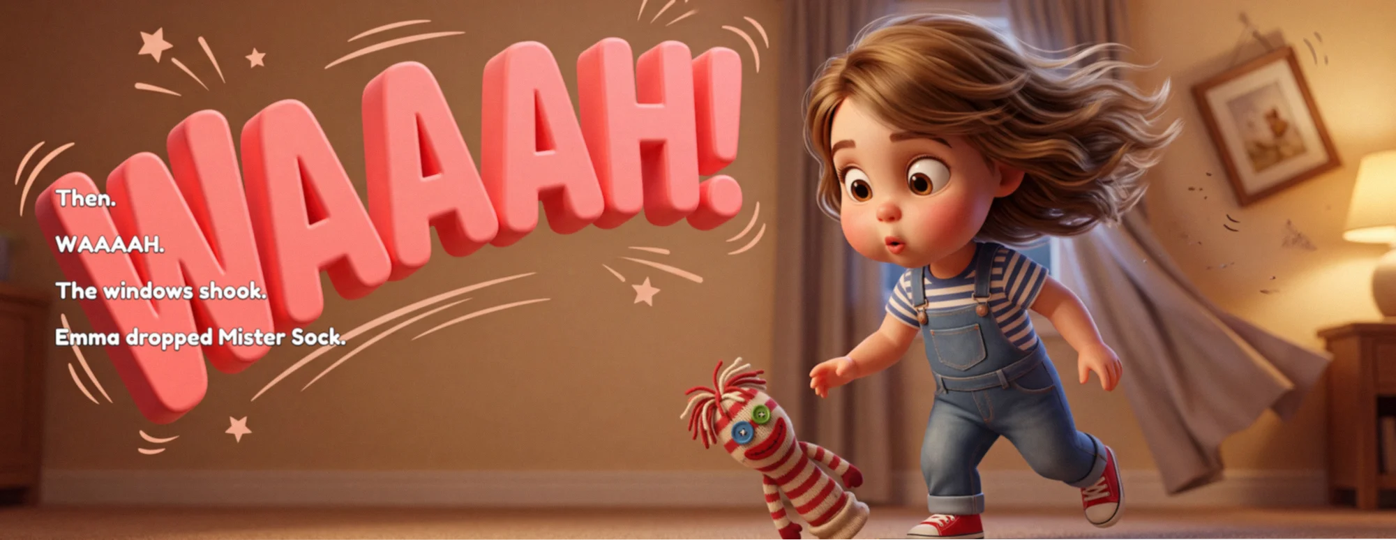 Book spread: the big sister startles as the baby lets out a giant WAAAH