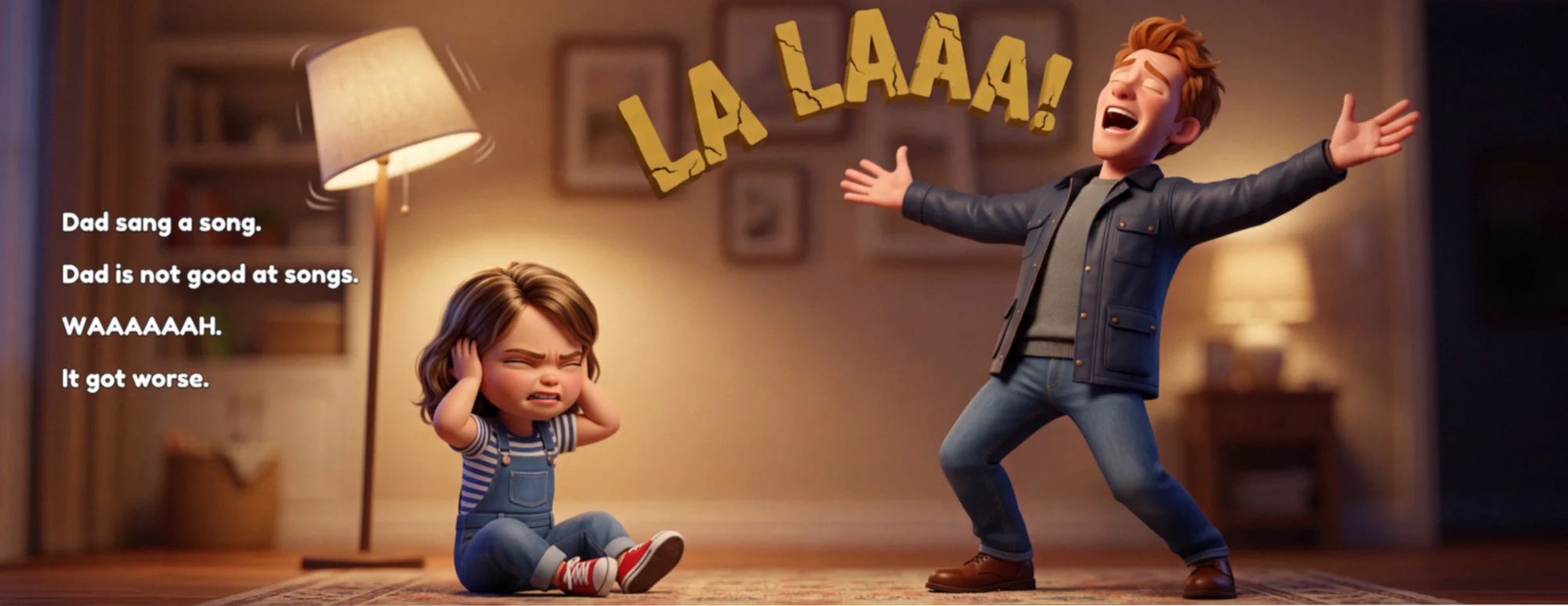 Book spread: Dad sings loudly while the big sister covers her ears