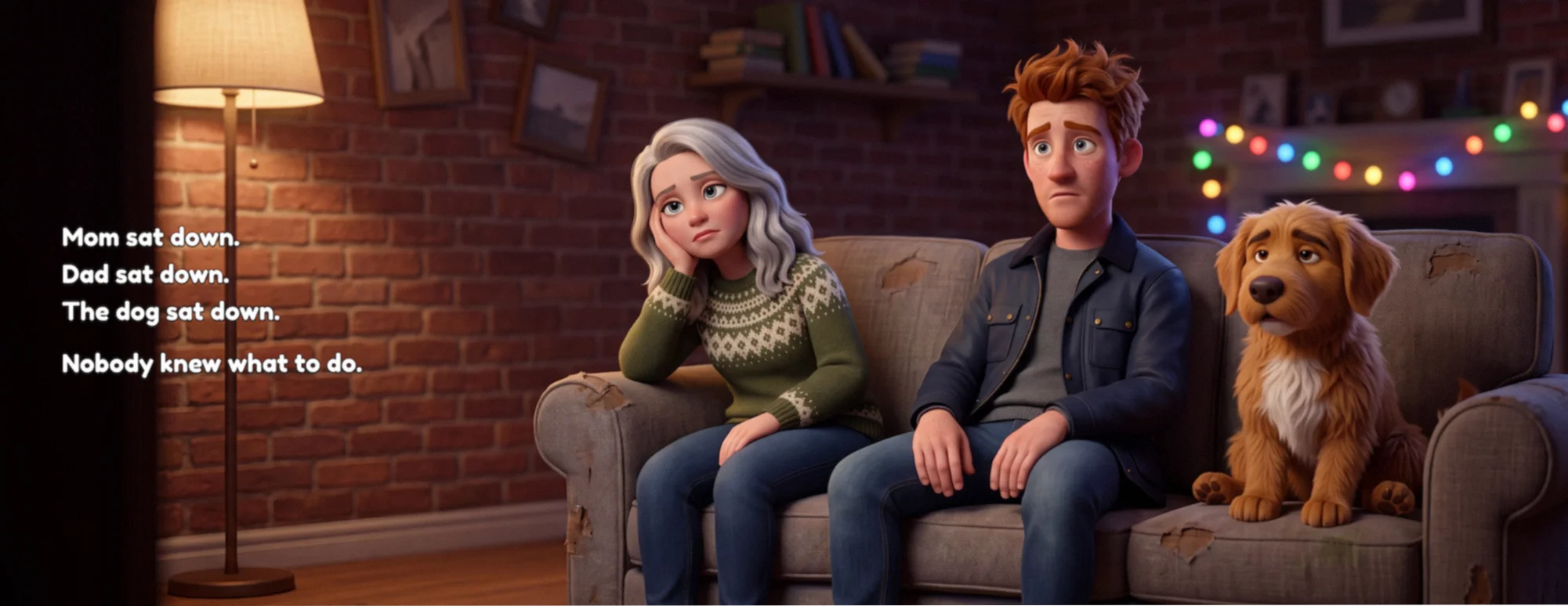 Book spread: Mom, Dad and the dog sit defeated on the couch
