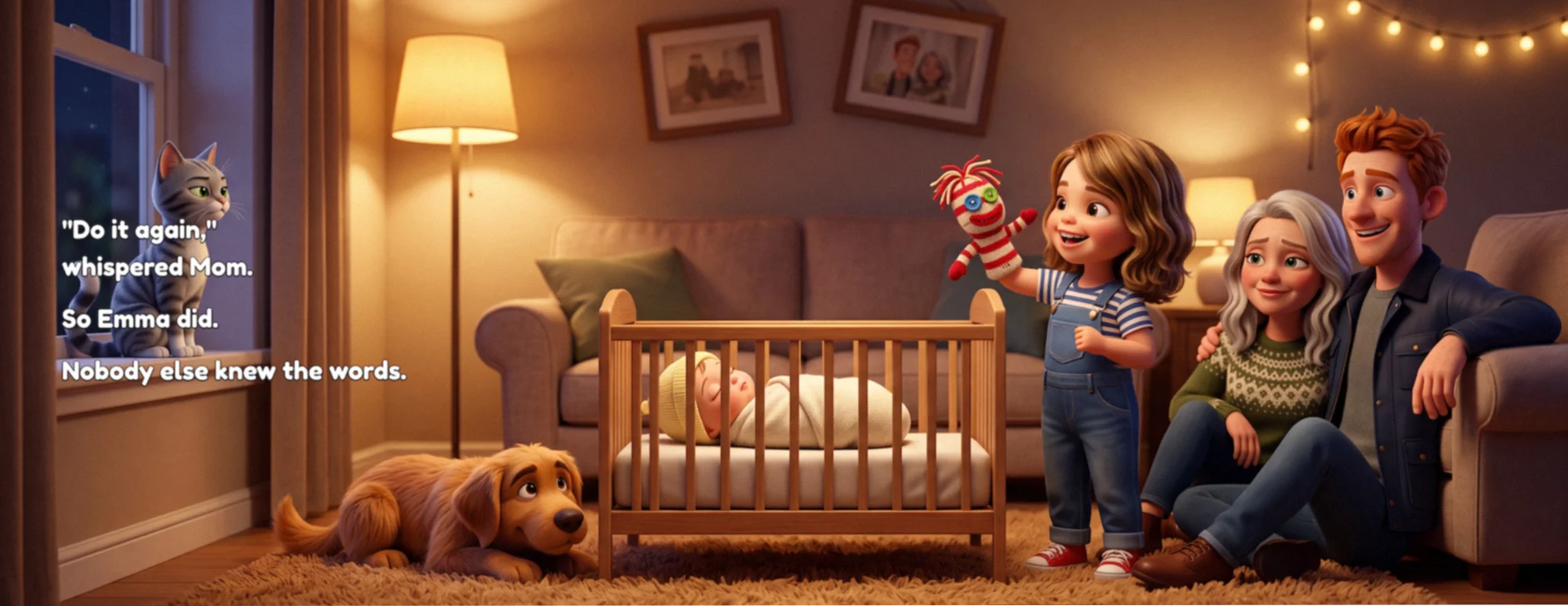 Book spread: the big sister sings her sock puppet song to the baby in the crib while the family watches